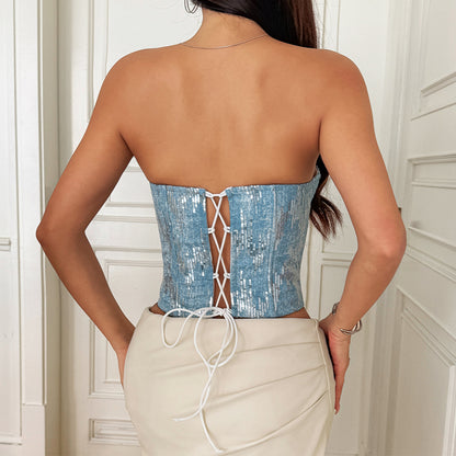 Womens Padded Underwire Fishbone-Fit Lace-Up Tube Top