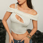 Womens Off-shoulder T-shirt Cropped Hollow-out Top